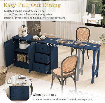 JIJIWANG 89.7'' Wooden Sideboard with Extendable Table,Multifunctional Storage Kitchen Island with 2 Doors and 3 Drawers,for Living Room,Study,Foyer and Kitchen, Navy Blue
