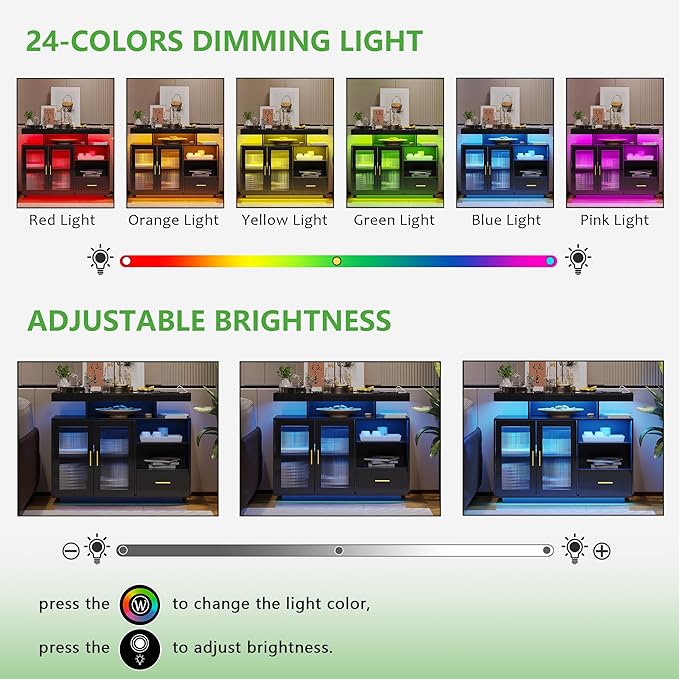 HNEBC LED Sideboard Buffet Cabinet with Charging Station, Smart Bar Cabinet with Auto RGB Lighted, High Gloss Coffee Bar with Drawer/Hutch for Living Room, Dining Room, Home Storager(Black)