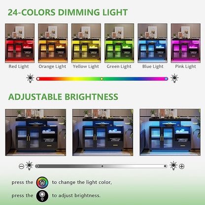 HNEBC LED Sideboard Buffet Cabinet with Charging Station, Smart Bar Cabinet with Auto RGB Lighted, High Gloss Coffee Bar with Drawer/Hutch for Living Room, Dining Room, Home Storager(Black)