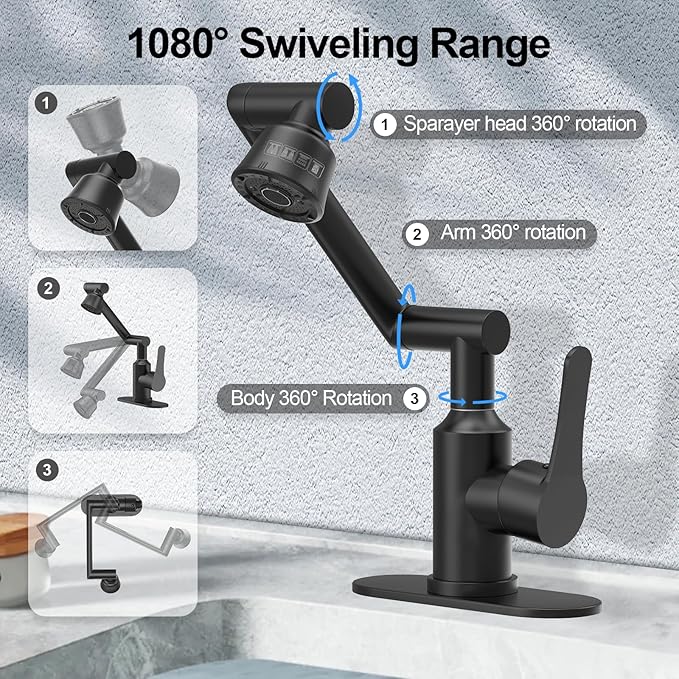Bathroom Sink Faucet, FunnyAir Stainless Steel 1080° Rotatable Faucet for Sink 1 Hole or 3 Holes, Modern Style Single Handle Bathroom Faucets with Hot and Cold Hoses, Matte Black