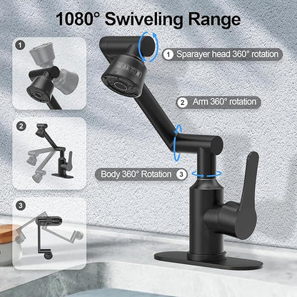 Bathroom Sink Faucet, FunnyAir Stainless Steel 1080° Rotatable Faucet for Sink 1 Hole or 3 Holes, Modern Style Single Handle Bathroom Faucets with Hot and Cold Hoses, Matte Black