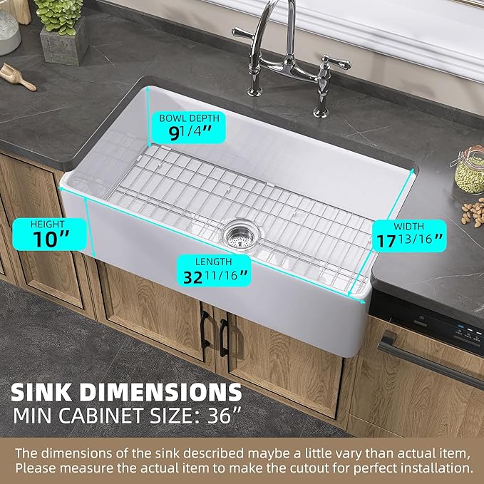 White Farmhouse Sink 33 inch Fireclay Apron Front Farm Sink Large Capacity Deep Single Bowl Kitchen Sinks with Accessories Protective Bottom Grid and Strainer