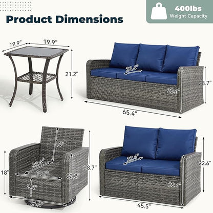 6 Pieces Patio Furniture Sets with Swivel Chairs, Patio Outdoor Furniture Set for Porch Deck Bistro Lawn Garden Backyard Poolsid- Grey Rattan/Blue