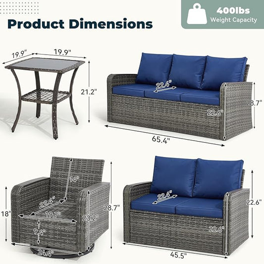 6 Pieces Patio Furniture Sets with Swivel Chairs, Patio Outdoor Furniture Set for Porch Deck Bistro Lawn Garden Backyard Poolsid- Grey Rattan/Blue
