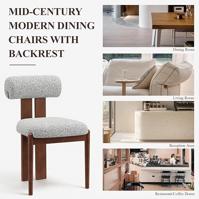 MALOL Modern Wooden Dining Chairs Set of 2, Upholstered Fabric Kitchen Chairs with Sculptural Backrest, Mid-Century Farmhouse Dining Room Chairs with Solid Wood Legs, Light Grey