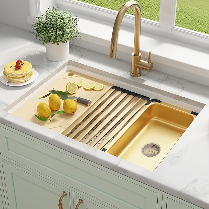 MILOSEN White Undermount Kitchen Sink, 33×18 Inch Workstation Ledge Under Counter Single Bowl Sinks with Offset Drain, Granite Composite Quartz Material, 9'' Large Deep Sinks With Gold Accessories