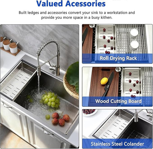Friho 33x22 Inch Drop in Kitchen Sink, Single Bowl Workstation Handmade Farmhouse Topmount Stainless Steel Kitchen Sink with Dish Grid,Dish Drainer,Cutting Board Basket Strainer
