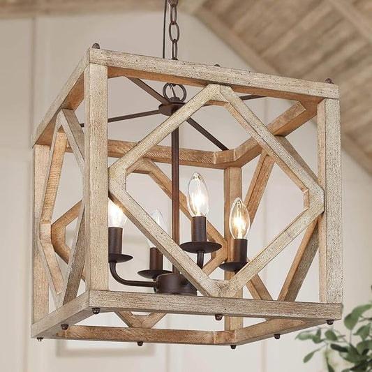 Farmhouse Chandelier, 4-Light Rustic Cage Dining Room Chandelier Over Table, Wood Square Chandeliers Hanging Light Fixture for Bedrooms, Kitchen Island, Entryway, Foyer