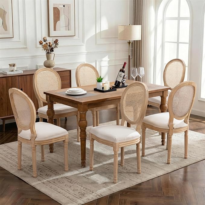 SoarFlash French Dining Chairs Set of 6, Vantage Dining Chair with Round Back, Farmhouse Country Rattan Dining Chair for Kitchen,Bedroom,Beige
