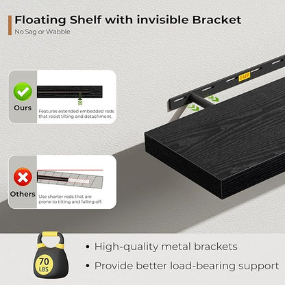Fun Memories 55 Inch Floating Shelves for Wall, Fireplace Mantel Shelf with Invisible Heavy Duty Bracket, 8 Inch Deep Storage Shelf for Living Room, Kitchen, Farmhouse, Black (2-Pack)