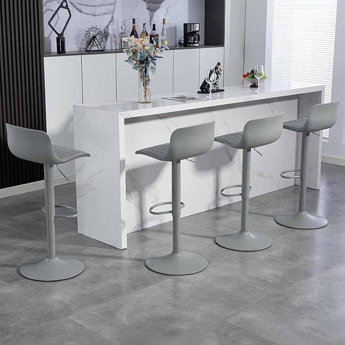 Bar Stools Set of 2 PU Leather Counter Height Bar stools with Back, Height Adjustable Swivel Kitchen Island Chairs, Armless, Large Base Gray AA433