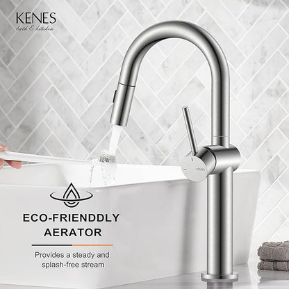 KENES Tall Bathroom Faucets with Pull Down Sprayer, Brushed Nickel Vessel Sink Faucet with Pull Out Sprayer, Single Handle Vanity Faucet 1 Hole with Pop Up Drain & Supply Lines, LJ-9065A