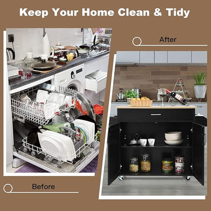 PETSITE Kitchen Island Cart with Storage Cabinet on Wheels, Spice Rack Towel Rack & Drawer (Black)