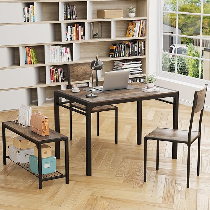 JUMMICO 43.3" Dining Table Set for 4, Kitchen Table with Bench & 2 Chairs Modern Rectangular Metal Frame Dining Furniture Set for Small Space (Rustic Brown)