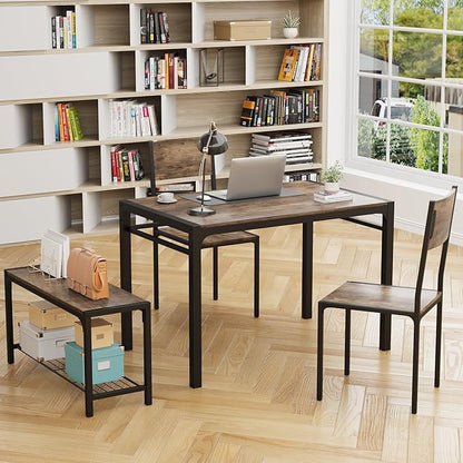 JUMMICO 43.3" Dining Table Set for 4, Kitchen Table with Bench & 2 Chairs Modern Rectangular Metal Frame Dining Furniture Set for Small Space (Rustic Brown)