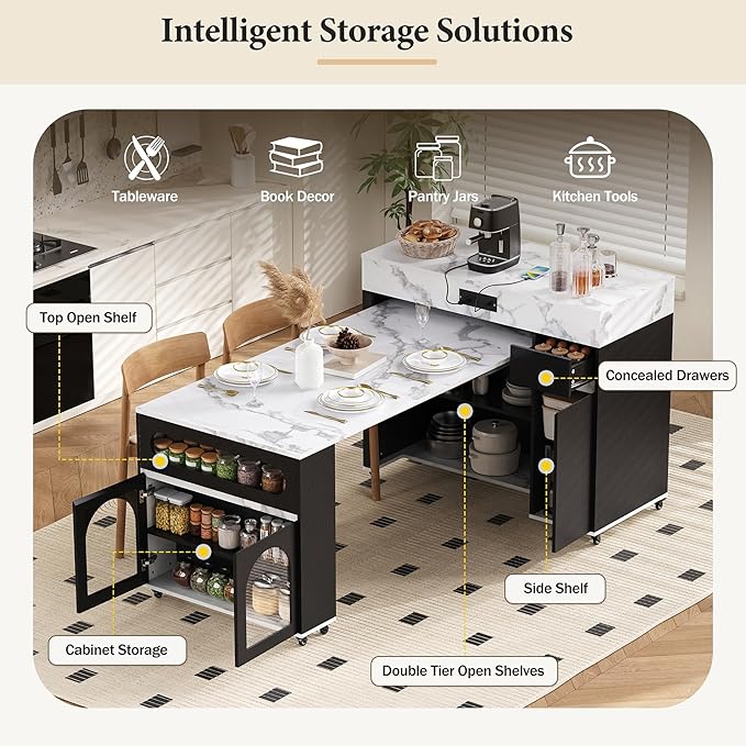 JIJIWANG 73.8" L Rolling Kitchen Island with Storage and Powe Outlet, Extendable Dining Table with Extra-Long Folding Top and Brake Lock, Kitchen Cart with Cabinet for Kitchen and Dining Room (Black)