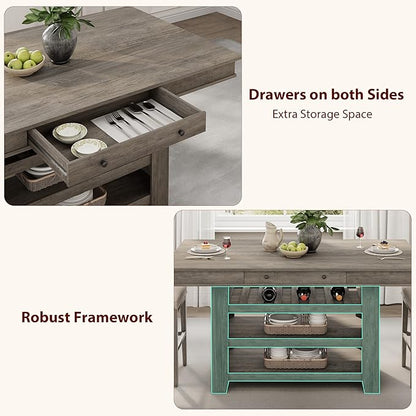 Garvee Counter Height Dining Table with 2 Drawers, 36" Farmhouse Wooden Large Bar Kitchen Table with Wine Rack & 3 Shelves, Rectangular, Thick Frame for Kitchen, Bar & Entertaining, Retro Gray