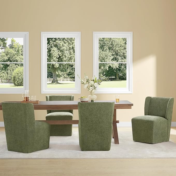 KISLOT Upholstered Dining Chairs Set of 1 with Casters, Wingback Modern Side Armless Deskchair with Rollers for Diningroom Bedroom Livingroom Reading Room, Green Fabric