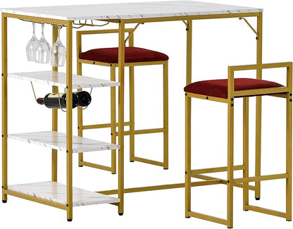 5-Piece Metal Dining Room Furniture Set with Marble Dining Table and 2 Stools/1 Kitchen Island/1 Wine Rack Table, Ideal for Small Small Apartment, Studio (Gold + Metal-1)