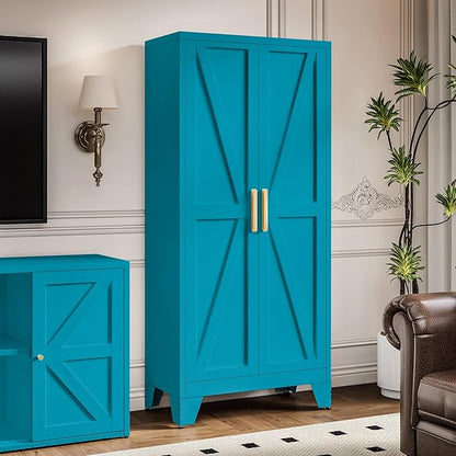 LCAOPC 61" Tall Metal Storage Cabinet with 2 Doors and 3 Adjustable Shelves, 4-Tier Kitchen Pantry Storage Cabinet for Kitchen, Living Room, Dining Room and Office, Blue