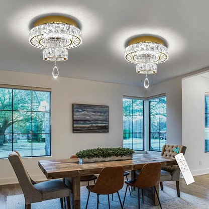 HAIXIANG Modern Glam Ceiling Chandelier Bedroom Light Fixtures Crystal Flat Sloping Ceiling Lights for Hallway Kitchen Dining Room Dimmable Light with Remote Gold