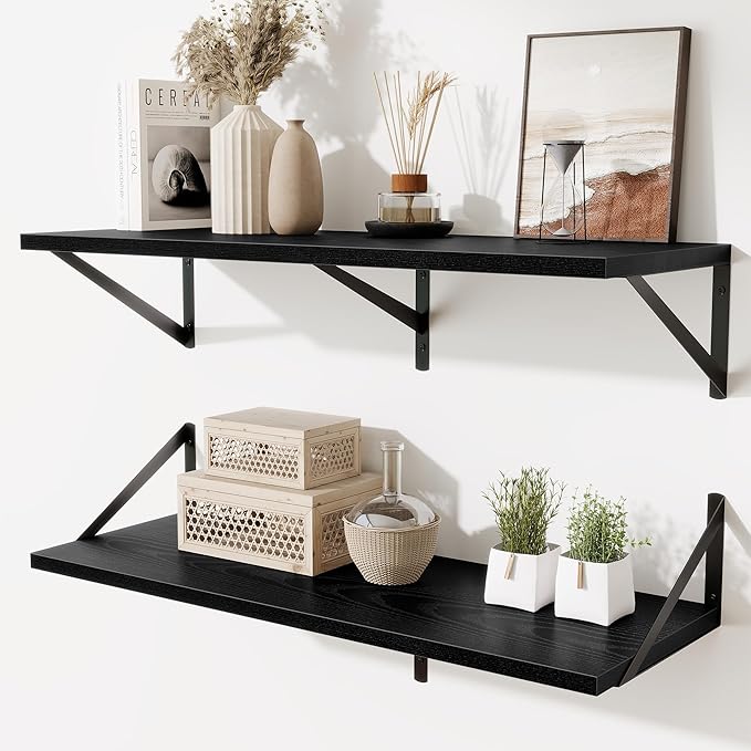 Acovy Floating Shelf for Wall,32" WX10 D Wood Floating Shelves with Sturdy Metal Bracket Set of 2,Wall Mounted Hanging Shelf for Bathroom,Bedroom,Kitchen,Black