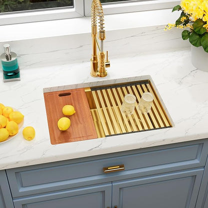 Gold Undermount Kitchen Sink 28 inch,Single Bowl Undermount Sink 16 gauge Stainless Steel,Workstation Kitchen Sinks with Gold Accessories (28" X 18")