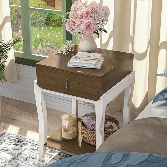SUNBURY Set of 2 Nightstands with Drawers & Open Storage Shelves, Vintage Wood Grain Bedside Tables for Living Room, Bedroom, Office, and Corners (Rustic Brown & White)