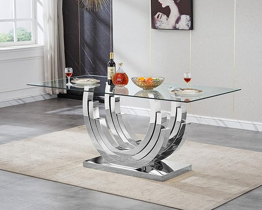 70" Glass Dining Table for 6-8, Modern Dining Room Table with 0.39" Tempered Glass Top and Three U-Shaped Silver Stainless Steel Base, Rectangle Kitchen Dinner Table for Dining Room