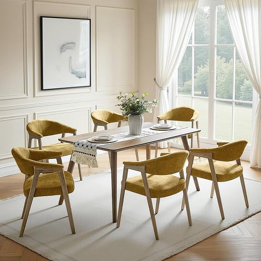 HULALA HOME Dining Chairs with Arm Set of 6, Mid-Century Modern Upholstered Kitchen Dining Room Chair with Solid Wood Legs & Curved Backtrst, Armchairs Accent Chairs for Living Room - Golden