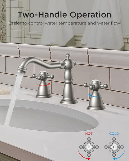 FORIOUS Brushed Nickel 3 Hole Bathroom Sink Faucets 2 Cross Handles, 8 Inch Widespread Antique Brass Viantage Bathroom Faucet for RV Vanity Farmhouse with Metal Pop Up Drain and Supply Lines