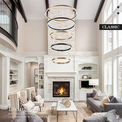 LED 5-Ring Chandelier Modern Vintage Gold Chandelier with Remote Control High Ceiling Foyer Chandeliers Light Brass Circle Round Chandeliers for Living Room Entry Motel,100W