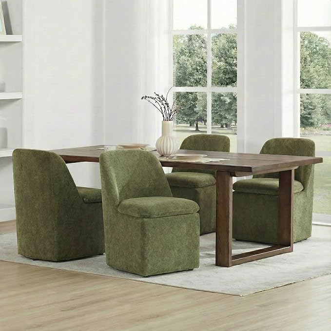 KISLOT Upholstered Dining Chairs Set of 4 with Casters, Modern Side Armless Deskchair with Washable Slipcover & Sturdy Metal Frame for Diningroom Bedroom Livingroom Reading Room, Green Fabric