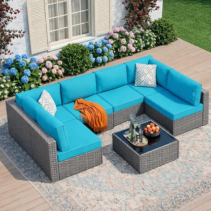 JAMFLY 7-Piece Outdoor Patio Furniture Set, Modular PE Rattan Sectional Sofa with Thick Cushions & Glass Coffee Table, Weather-Resistant Wicker Conversation Set for Poolside, Balcony, Garden, Blue