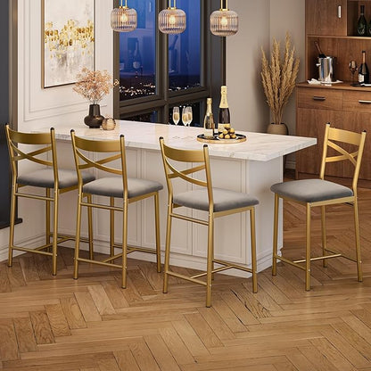Bar Stools Set of 4, Counter Height Bar Stools with PU Upholstered Seat & Back – Modern Kitchen Island Bar Chairs with Footrest for Apartment & Dining Bar, Gold