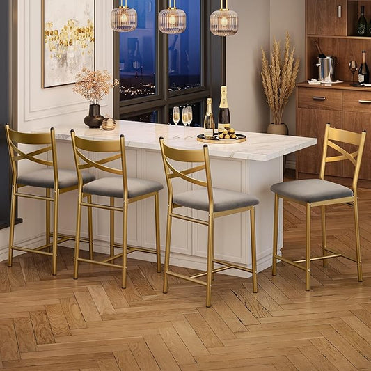 Bar Stools Set of 4, Counter Height Bar Stools with PU Upholstered Seat & Back – Modern Kitchen Island Bar Chairs with Footrest for Apartment & Dining Bar, Gold