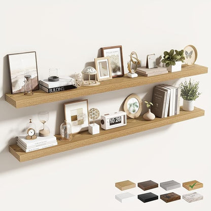 Acovy 55 Inch Floating Shelves for Wall 2 Pack, 55" Wall Shelves for Books, Storage, Decor, Wall Mounted Floating Shelf with Invisible Brackets for Kitchen, Living Room, Light Brown