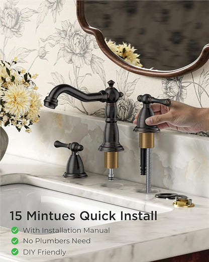 FORIOUS Bathroom Sink Faucet 3 Holes, 2 Handle Widespread Faucet for Bathroom Sink with Pop-Up Drain and Water Supplies for Commercial Vanity Lavatory Restroom Farmhouse (Oil Rubbed Bronze)