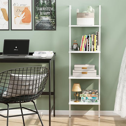 Wolawu Ladder Shelf 4 Tiers Metal Industrial Bookshelf,White Wooden Tall Open Storage Rack and Display Shelves,Wall Mount Wide Bookcase for Home Office Bedroom,Small