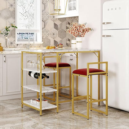 5-Piece Metal Dining Room Furniture Set with Marble Dining Table and 2 Stools/1 Kitchen Island/1 Wine Rack Table, Ideal for Small Small Apartment, Studio (Gold + Metal-1)