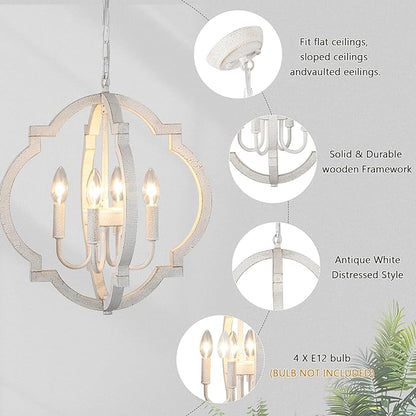 White Farmhouse Orb Chandelier for Dining Room- 4 Light Modern Pendant Light Fixture, Rustic Wood Hanging Lights for Kitchen Island Living Room Bedroom Entryway