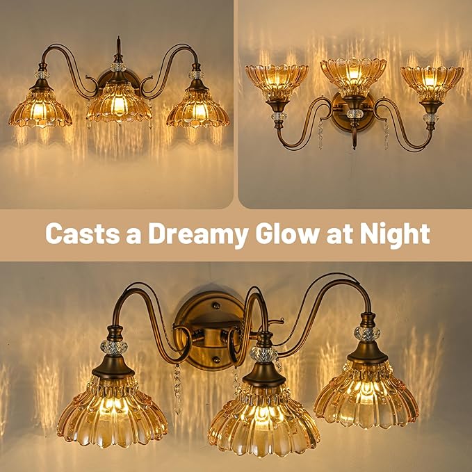 Vintage Bathroom Vanity Light, 3-Light Matte Antique Brass Finish Wall Sconce with Hanging Crystal Accents and Flower-Shaped Amber Glass Shades, Retro Wall Mount Vanity Light Over Mirror for Bathroom