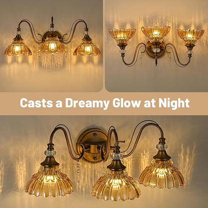 Vintage Bathroom Vanity Light, 3-Light Matte Antique Brass Finish Wall Sconce with Hanging Crystal Accents and Flower-Shaped Amber Glass Shades, Retro Wall Mount Vanity Light Over Mirror for Bathroom