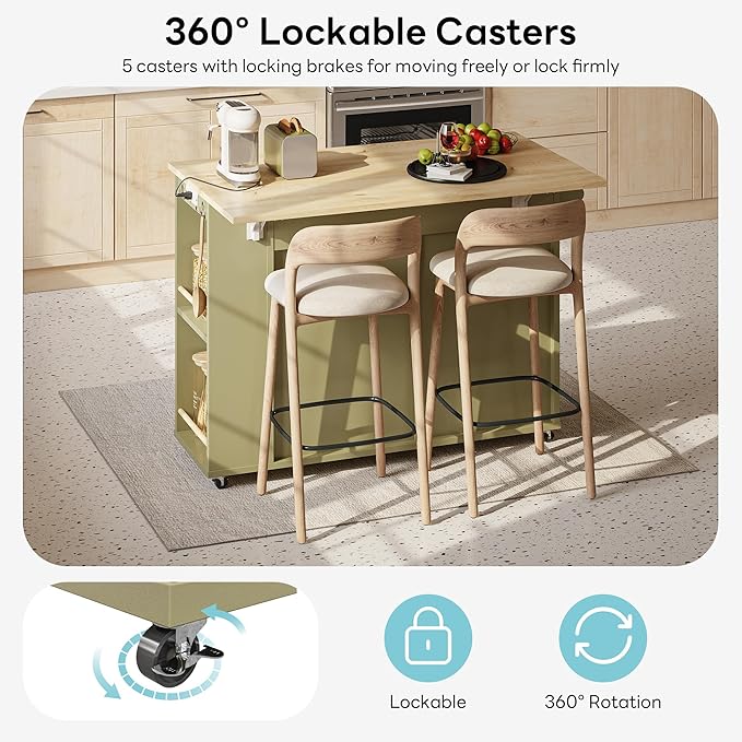 LIKIMIO Rolling Kitchen Island with Storage, 39.4" W Mobile Cart with Power Outlet & Drop Leaf Table, 2 Drawers, Removable 12 Grids, 3 Wine Racks, 360°Casters, Adjustable Shelf, Glass Door, Green