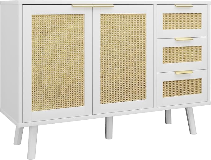Gyger Rattan Kitchen Buffet Cabinet with 2 Doors 3 Shelves, Sideboard with Storage, Accent Cabinet for Kitchen, Dining Room, Hallway, Cupboard Console Table, White