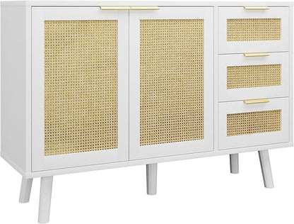Gyger Rattan Kitchen Buffet Cabinet with 2 Doors 3 Shelves, Sideboard with Storage, Accent Cabinet for Kitchen, Dining Room, Hallway, Cupboard Console Table, White