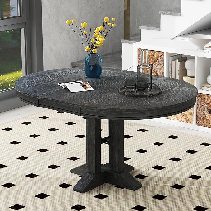 Ball & Cast Farmhouse Extendable Dining Table for 4-6, 42"-56" Extendable Kitchen-Table with a 14" Leaf, Round Ellipse Retro Wood Dining Room-Table w/Removable Leaves,Space Saving, Espresso