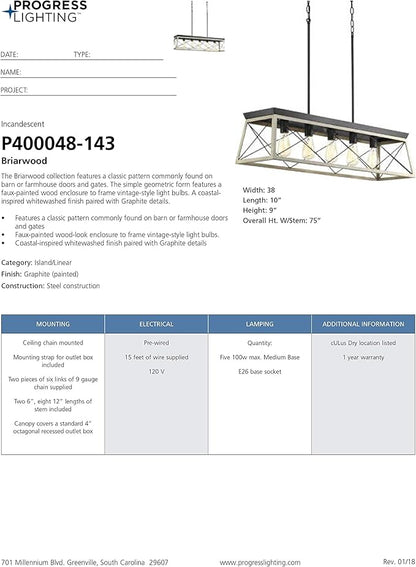 Progress Lighting Briarwood Collection 5-Light Dining Room Light Fixture, Farmhouse Style Modern Chandelier for Kitchen and Dining Room, 38" by 9", Graphite