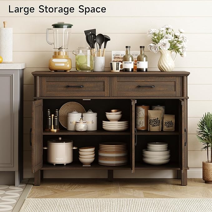 ONBRILL 48 Inches Buffet Cabinet with Storage, Farmhouse Sideboard Buffet w/2 Drawers and 3 Doors, Wood Coffee Bar Cabinet with Adjustable Shelves, Sideboard Storage for Kitchen, Living Room, Brown