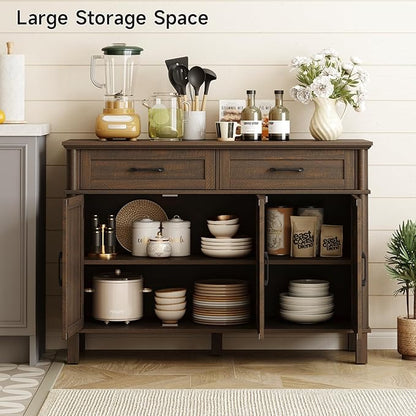 ONBRILL 48 Inches Buffet Cabinet with Storage, Farmhouse Sideboard Buffet w/2 Drawers and 3 Doors, Wood Coffee Bar Cabinet with Adjustable Shelves, Sideboard Storage for Kitchen, Living Room, Brown